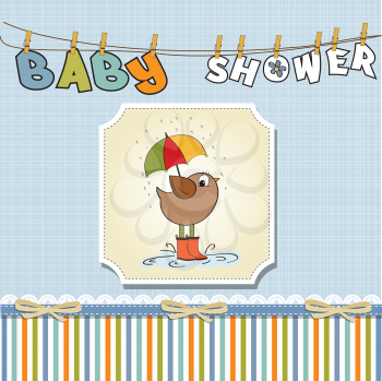 Royalty Free Clipart Image of a Baby Shower Card With a Bird Splashing in Water
