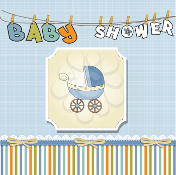 Royalty Free Clipart Image of a Baby Shower Card With a Pram in the Centre