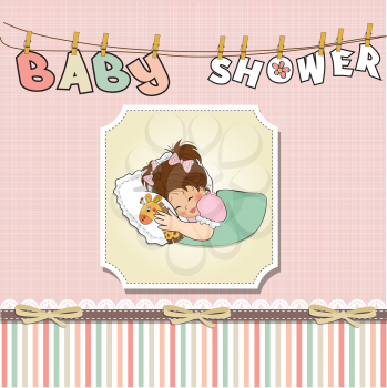 Royalty Free Clipart Image of a Baby Shower Card With a Sleeping Baby in the Centre