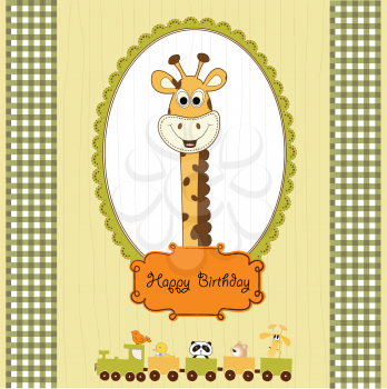 Royalty Free Clipart Image of a Birthday Greeting With a Giraffe and a Toy Train With Animals
