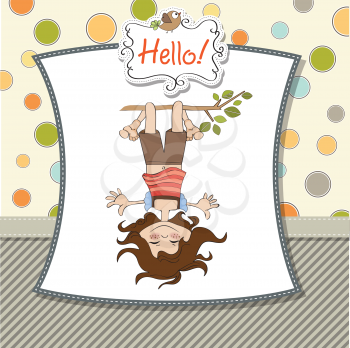 Royalty Free Clipart Image of a Girl Hanging Upside Down on a Polka Dot Background