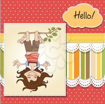 Royalty Free Clipart Image of a Girl Hanging Upside Down on a Red Spotted Background