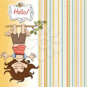 Royalty Free Clipart Image of a Girl Hanging Upside Down on a Striped Background