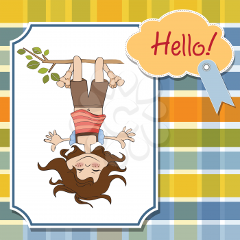 Royalty Free Clipart Image of a Girl Hanging Upside Down