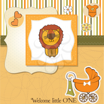 Royalty Free Clipart Image of a Baby Announcement With a Lion and Buggy