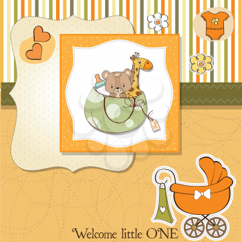 Royalty Free Clipart Image of a Baby Announcement With Animals and a Carriage