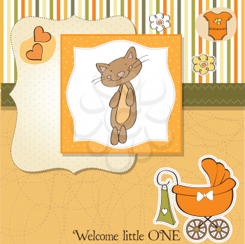 Royalty Free Clipart Image of a Baby Announcement With a Cat and Carriage on It