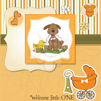 Royalty Free Clipart Image of a Baby Announcement With a Dog and a Carriage on It