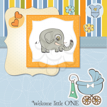 Royalty Free Clipart Image of a Baby Announcement With an Elephant and Carriage on It
