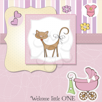 Royalty Free Clipart Image of a Birth Announcement With a Cat in the Centre and a Carriage in the Corner