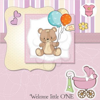 Royalty Free Clipart Image of a Baby Background With a Bear in the Centre and a Buggy in the Corner