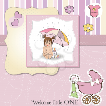 Royalty Free Clipart Image of a Baby Announcement With a Carriage in the Corner