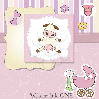 Royalty Free Clipart Image of a Birth Announcement With a Cow in the Centre and a Carriage in the Corner