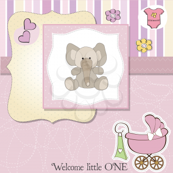 Royalty Free Clipart Image of a Birth Announcement With an Elephant in the Centre and a Carriage in the Corner