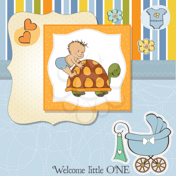 Royalty Free Clipart Image of a Baby Boy Birth Announcement With a Baby on a Turtle and a Carriage in the Corner