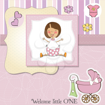 Royalty Free Clipart Image of a Birth Announcement With a Little Girl and a Carriage on It