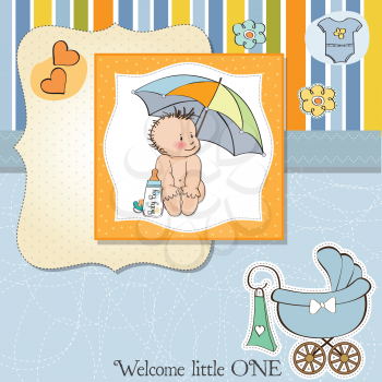 Royalty Free Clipart Image of a Birth Announcement With a Baby Boy and a Carriage on It
