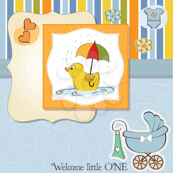 Royalty Free Clipart Image of a Birth Announcement With a Duck and Carriage on It