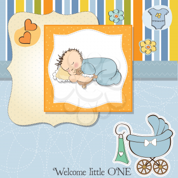 Royalty Free Clipart Image of a Baby Boy Announcement With a Carriage in the Corner