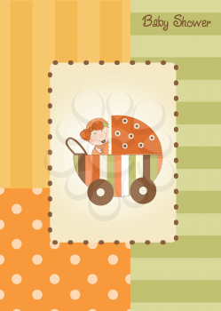 Royalty Free Clipart Image of a Baby in a Carriage on a Shower Invitation