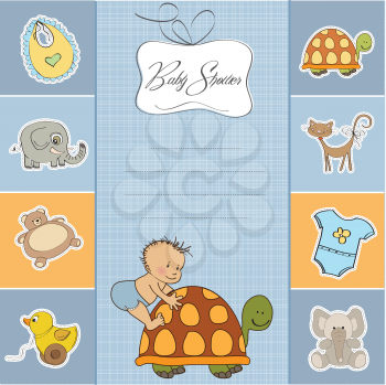 Royalty Free Clipart Image of a Baby Boy Riding a Turtle on a Baby Shower Invitation