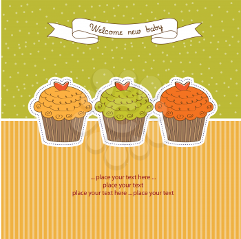Royalty Free Clipart Image of Cupcakes on a New Baby Background