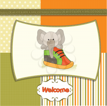 Royalty Free Clipart Image of a Birth Announcement Card With an Elephant in a Shoe