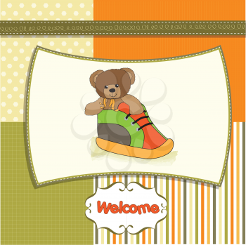 Royalty Free Clipart Image of a Teddy Bear in a Booty on a Baby Announcement
