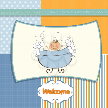 Royalty Free Clipart Image of a Baby Welcome Card With a Baby in a Tub