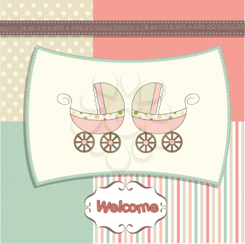 Royalty Free Clipart Image of a Welcome Baby Card With Two Pink Buggies