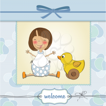 Royalty Free Clipart Image of a Welcome Baby Card With a Toy Duck and Baby Girl