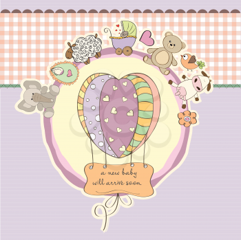 Royalty Free Clipart Image of a Baby Announcement Card With Animals and a Balloon
