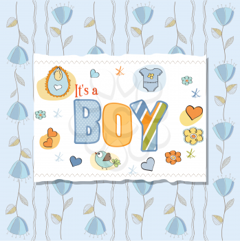 Royalty Free Clipart Image of a  Baby Boy Birth Announcement With a Floral Background