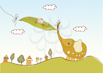 Royalty Free Clipart Image of a Baby in a Pea Pod With an Elephant