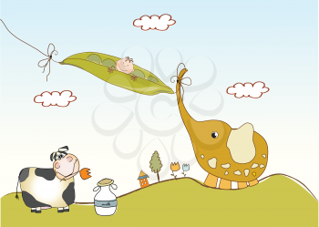 Royalty Free Clipart Image of a Baby in a Pea Pod With Animals