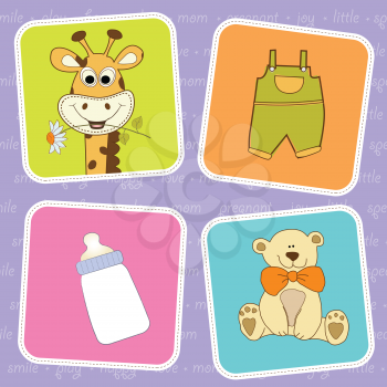Royalty Free Clipart Image of a Background With a Giraffe, Coveralls, Bear and a Baby Bottle