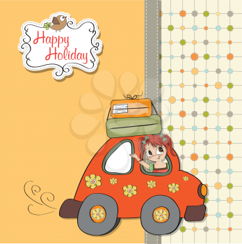 Royalty Free Clipart Image of a Girl in a Car on a Happy Holiday Card