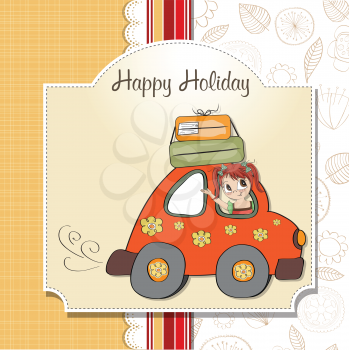 Royalty Free Clipart Image of a Girl in a Car With Luggage