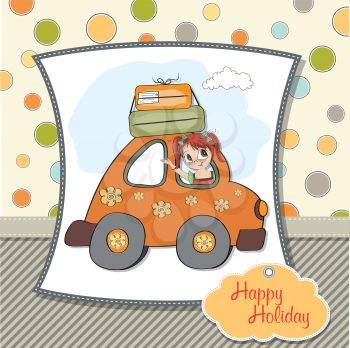 Royalty Free Clipart Image of a Girl in a Car on a Background