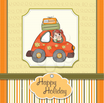 Royalty Free Clipart Image of a Girl in a Car on a Happy Holiday Background