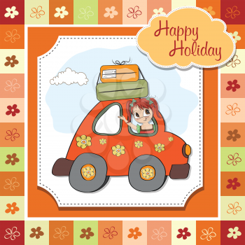 Royalty Free Clipart Image of a Girl in a Car on a Happy Holiday Message