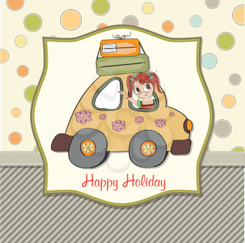 Royalty Free Clipart Image of a Happy Girl in a Car on a Happy Holiday Background