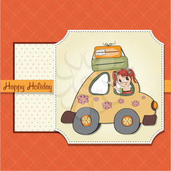 Royalty Free Clipart Image of a Girl in a Car on a Happy Holiday