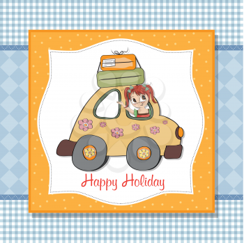 Royalty Free Clipart Image of a Happy Girl in a Car on a Background