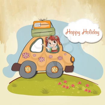 Royalty Free Clipart Image of a Happy Girl in a Car on a Happy Holiday Message