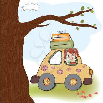 Royalty Free Clipart Image of a Girl on a Vacation in a Car