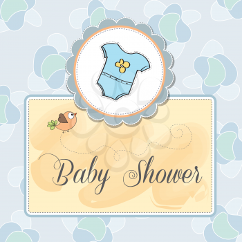 Royalty Free Clipart Image of a Baby Shower Card With a Bird and Onesie
