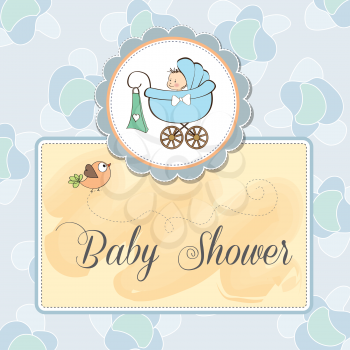 Royalty Free Clipart Image of a Baby Shower Background With a Buggy and Bird