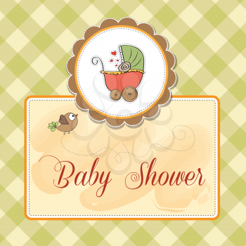 Royalty Free Clipart Image of a Baby Shower Invitation With a Buggy