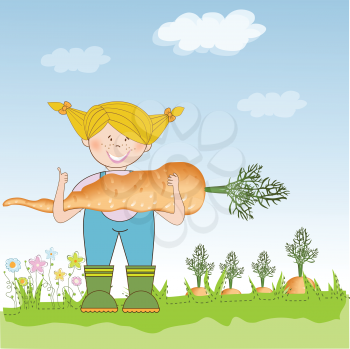 Royalty Free Clipart Image of a Girl in a Garden Holding a Big Carrot
